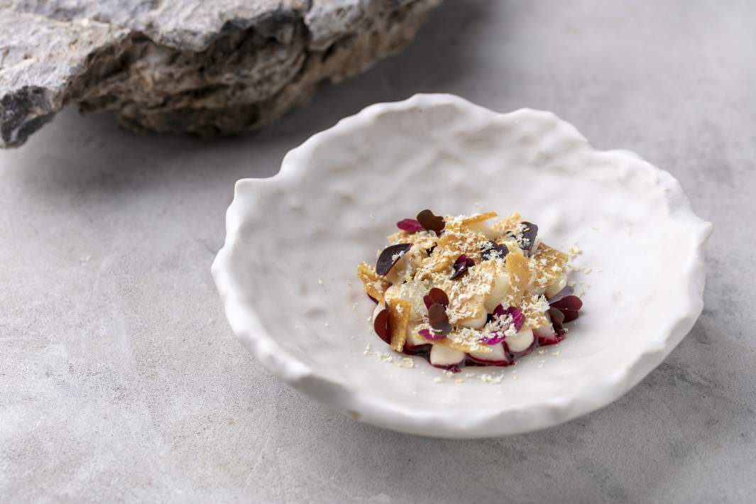 Черноплодная рябина с  чипсами каштана, кремом из солода и сыра скир