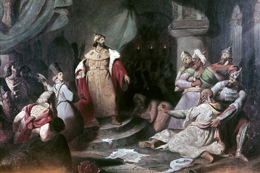 Репродукция картины художника Николая Шустова «Иван III разрывает ханскую грамоту с требованием дани»