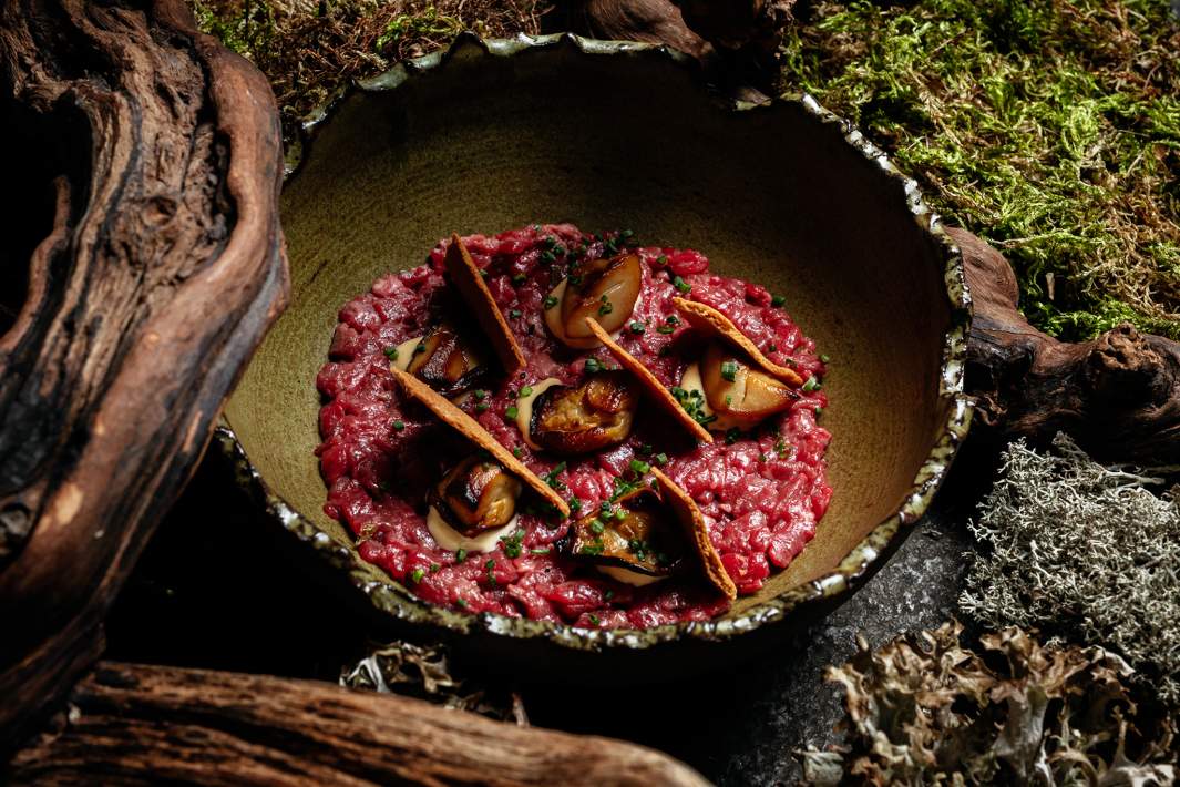 Рубленая телятина с белыми грибами и мозговой костью с огня