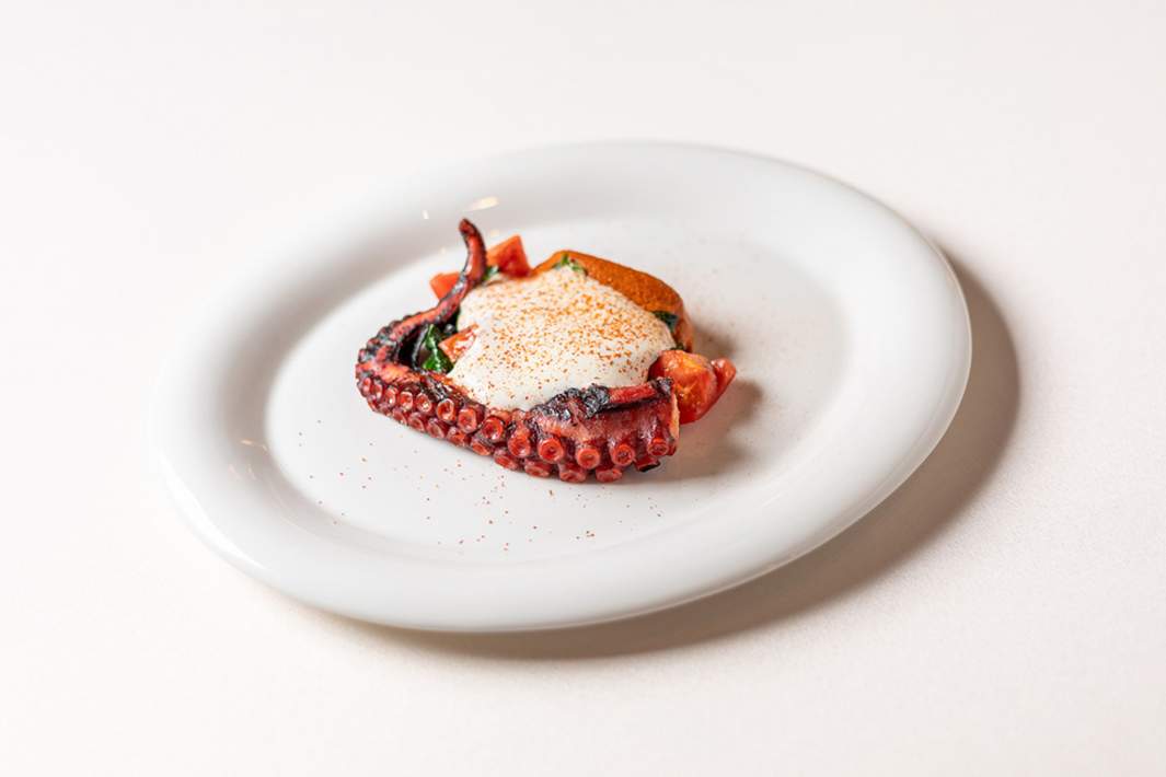 Осьминог с кремом ромеско со шпинатом, томатами и сливочно чесночным муссом