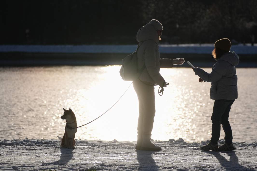 Прохожие на берегу озера 