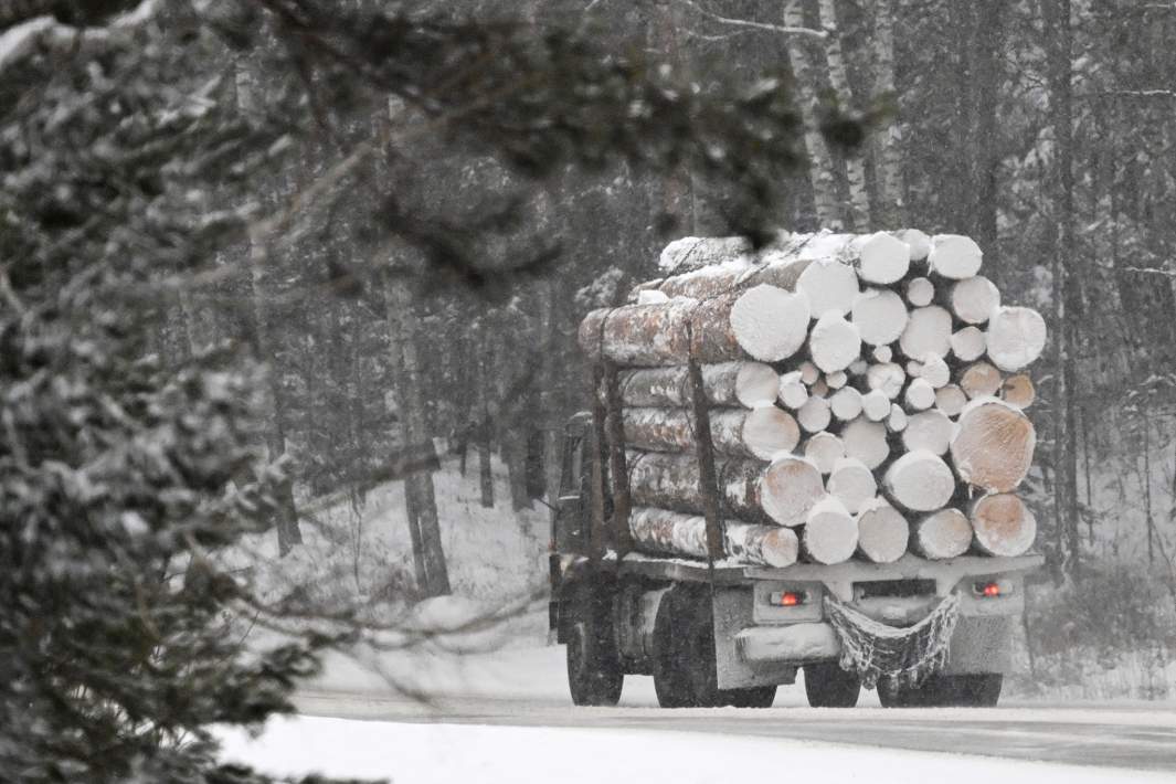 Лесовоз на трассе во время снегопада