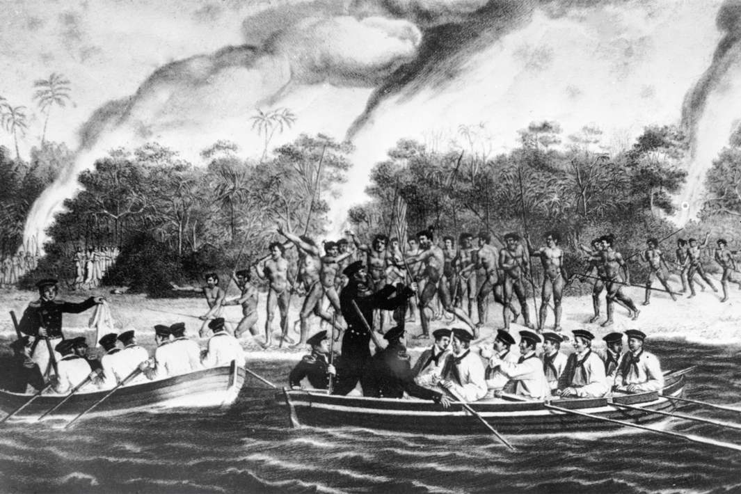 «Туземцы кораллового острова Моллера встречают русских моряков» - репродукция рисунка с натуры художника П. Михайлова - участника первой антарктической экспедиции на шлюпках "Восток" и "Мирный" под руководством Фаддея Беллинсгаузена и Михаила Лазарева.