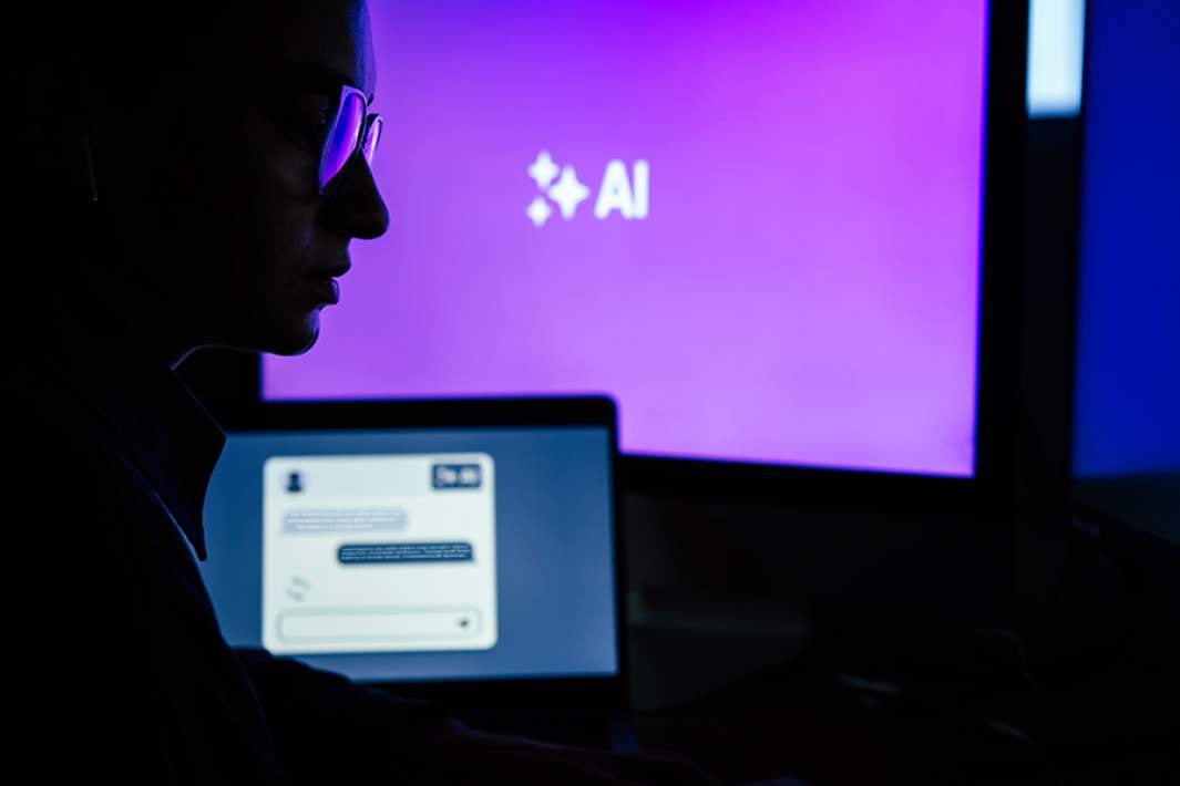 Девушка с мобильным телефоном возле монитора с логотипом AI