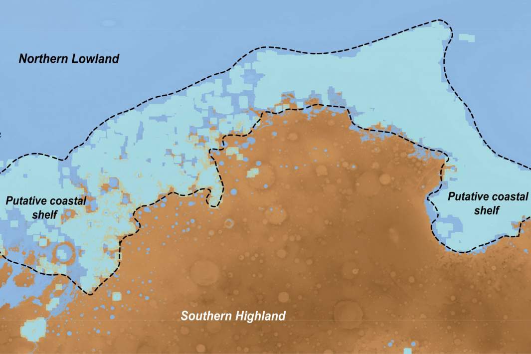 Диаграмма, взятая из данных орбитального аппарата, идентифицирующая прибрежный шельф на Марсе