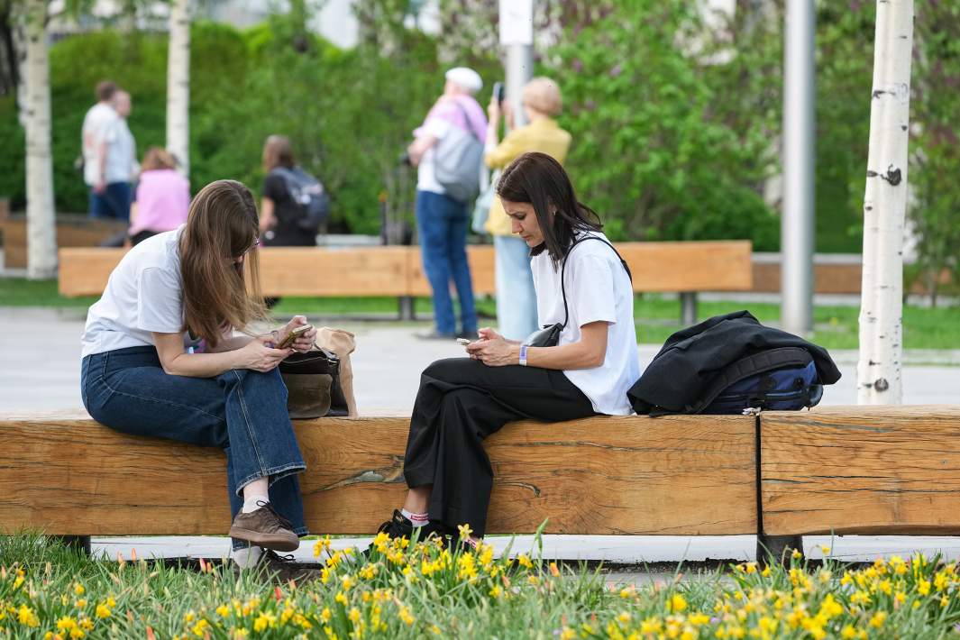 Девушки в парке смотрят в телефоны 