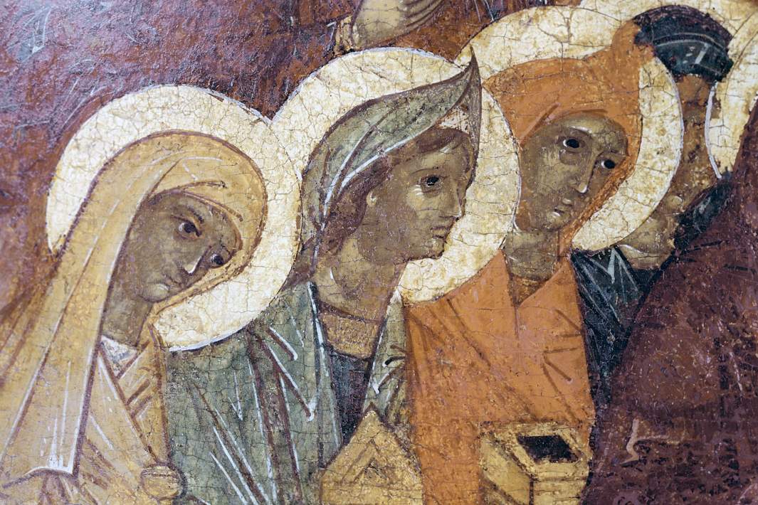 Икона «Жены-мироносицы у Гроба Господня». XVI век. Деталь. Живопись древнего Пскова. Репродукция