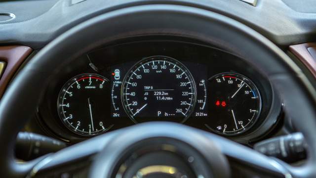 Центральная часть приборной панели рисованная. На шкале уровня топлива отображается запас хода