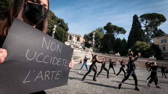 Theater workers, dancers and people working in the culture and entertainment sector attend a protest against the new lockdown measures for Covid-19 pandemic, on October 30, 2020 in Rome, Italy. The protest is organized to protest against the government restriction measures of closing cinemas, movie theaters and gyms to contain the spread of coronavirus (Covid-19) pandemic. Italy registered over 26,800 new infections and 217 deaths in the last 24 hours.