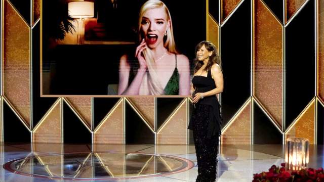 Rosie Perez presents Anya Taylor-Joy with the Best Actress - Television Motion Picture award for "The Queen's Gambit," in this handout photo from the 78th Annual Golden Globe Awards in New York