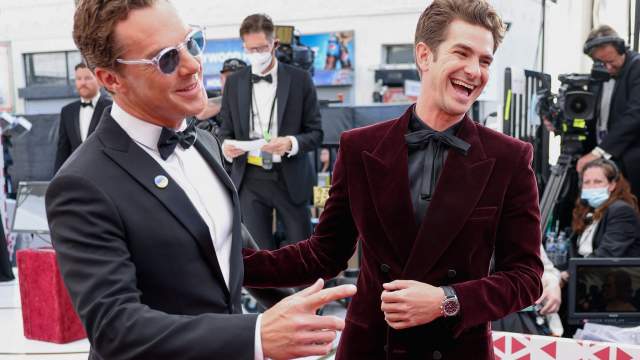 Benedict Cumberbatch and Andrew Garfield pose on the red carpet during the Oscars arrivals at the 94th Academy Awards in Hollywood