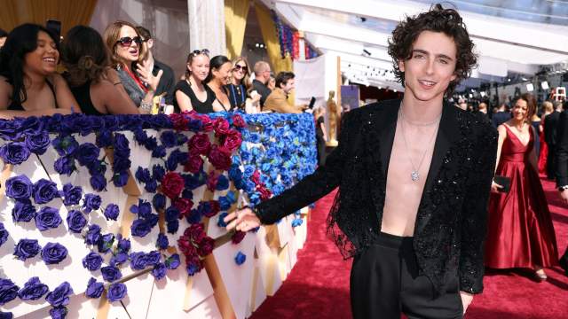 Timothee Chalamet poses on the red carpet during the Oscars arrivals at the 94th Academy Awards 