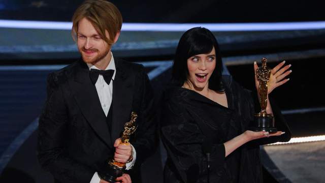 Billie Eilish and Finneas O'Connell win the Oscar for Best Original Song for "No Time to Die" from the James Bond film at the 94th Academy Awards in Hollywood