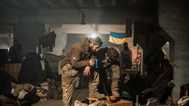 Service members of the Ukrainian armed forces are seen within the Azovstal Iron and Steel Works complex in Mariupol