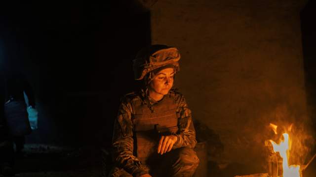 Service member of the Ukrainian armed forces is seen within the Azovstal Iron and Steel Works complex in Mariupol