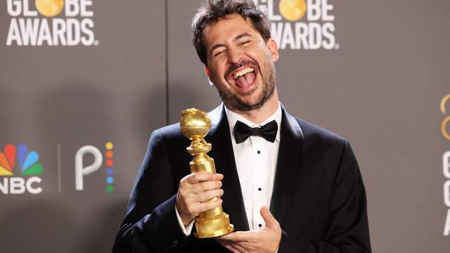 Santiago Mitre poses with his award for Best Non-English Language Film award for "Argentina, 1985 at the 80th Annual Golden Globe Awards in Beverly Hills