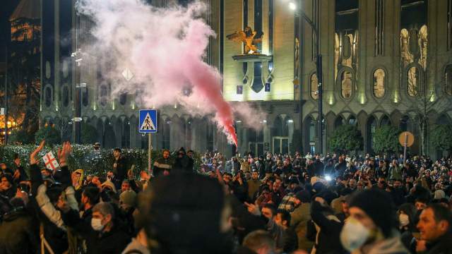 Protesters hold a rally against the "foreign agents" law in Tbilisi, Georgia, March 7,
