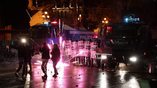 Police obstruct a street during a protest against a draft law on "foreign agents", which critics say represents an authoritarian shift and could hurt Georgia's bid to join the European Union, in Tbilisi, Georgia, March 9