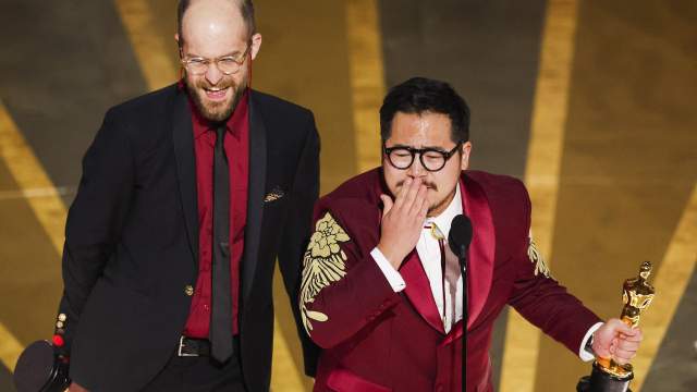 Daniel Kwan and Daniel Scheinert win the Oscar for Best Original Screenplay for "Everything Everywhere All at Once" during the Oscars show at the 95th Academy Awards in Hollywood,