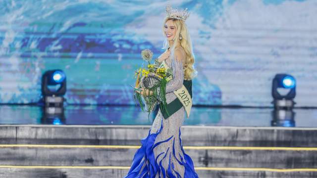 Newly-crowned Miss Earth 2025 Natalie Puskinova of the Czech Republic walks onstage during the Miss Earth 2025 coronation night in Paranaque City, the Philippines on Nov. 5, 2025. 