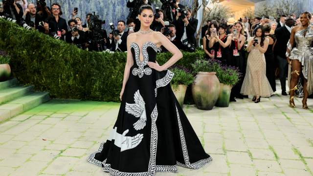 Anne Hathaway poses during the Met Gala, an annual fundraising gala held for the benefit of the Metropolitan Museum of Art's Costume Institute with this year's theme 'Costume Art' in New York City, New York, U.S., May 4, 2026.