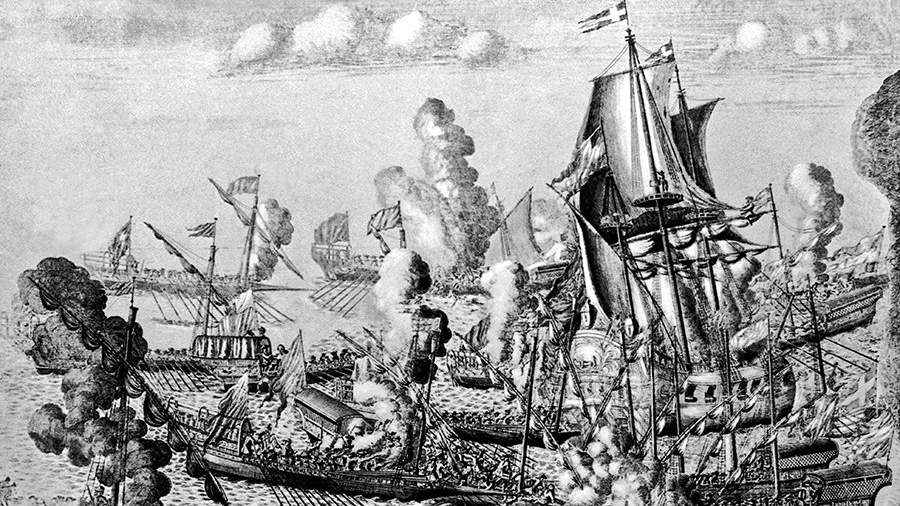 Гравюра «Морское сражение русского гребного флота при Гангуте»