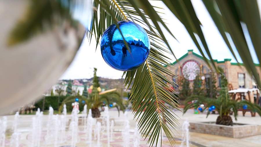 Елочные игрушки на ветках пальмы в развлекательном парке аттракционов «Сочи Парк»