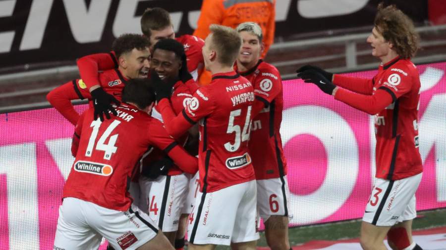 Spartak players celebrate the goal they scored in the match of the 21st round of the Russian Football Championship among Premier League clubs between the teams of FC Spartak and FC Krasnodar