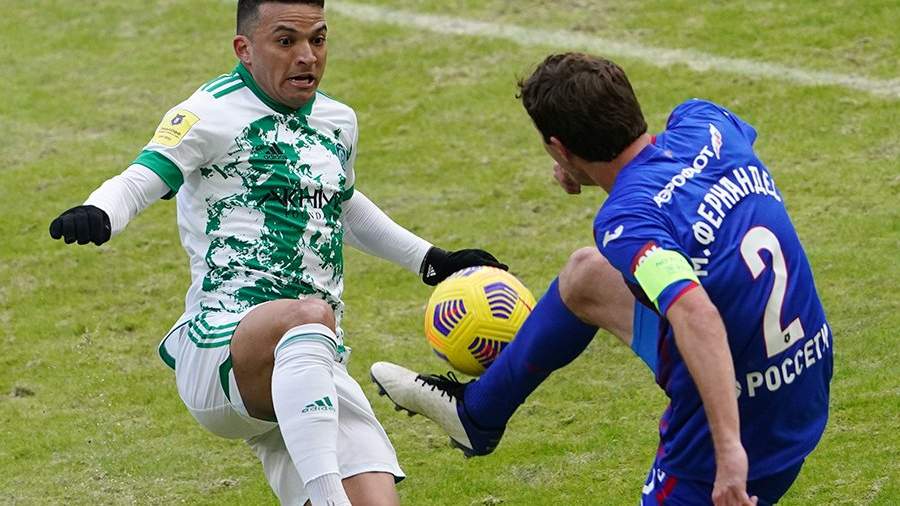 Akhmat player Ismael and CSKA player Mario Fernandez in the match of the 21st round of the Russian Football Championship among Premier League clubs between the teams of PFC CSKA and FC Akhmat