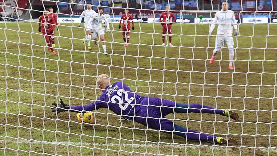 FC Rubin goalkeeper Yuri Dupin kicks off a penalty in the 21st round of the Russian Football Championship among Premier League clubs between the teams of FC Rubin and FC Zenit