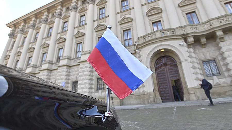 The car of the Ambassador of the Russian Federation to the Czech Republic Alexander Zmeevsky near the Ministry of Foreign Affairs of the Czech Republic