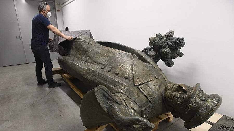 Monument to Soviet Marshal Ivan Konev, dismantled in Prague on April 3, 2020, in the art storage in Meshice