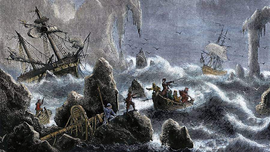 Поврежденные корабли экспедиции Витуса Беринга у одного из Алеутских островов