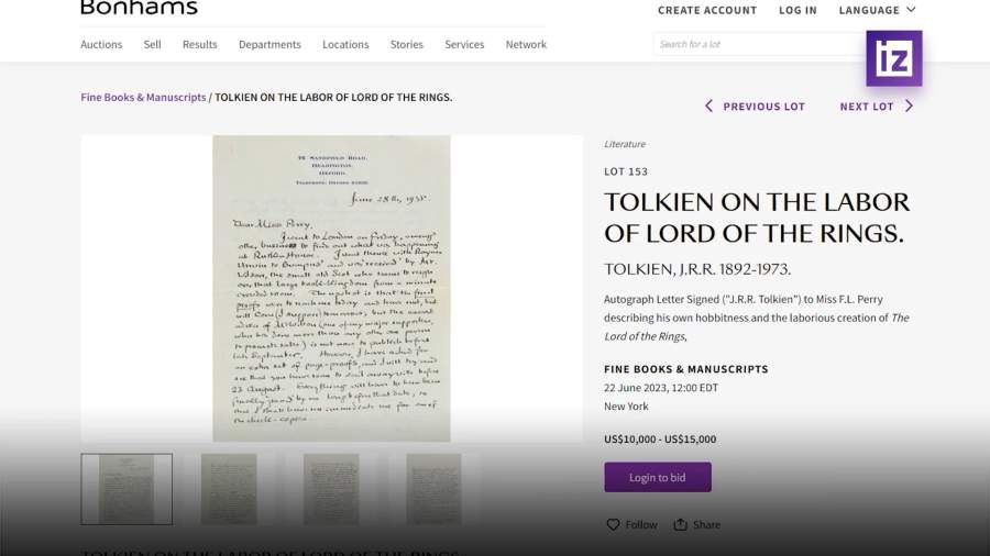 На торги выставили письмо автора «Властелина колец» Джона Толкина