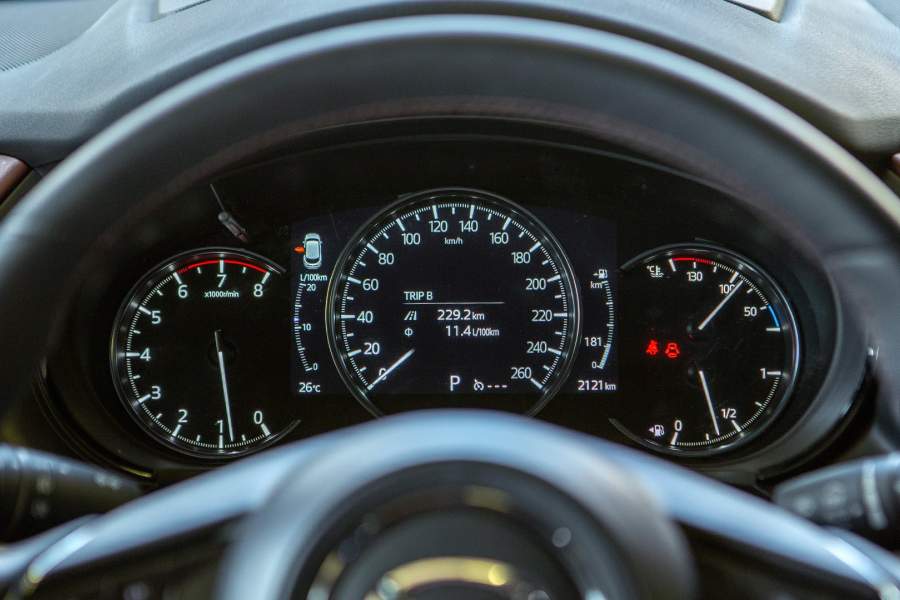 Центральная часть приборной панели рисованная. На шкале уровня топлива отображается запас хода