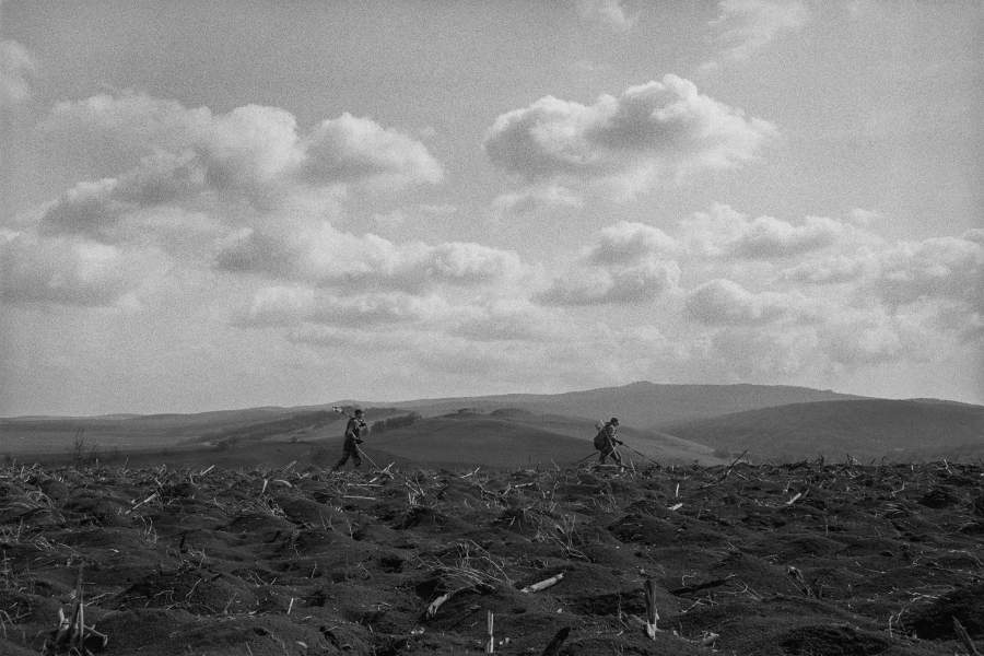 Поисковики во время работы в поле. Часто работают парами. Сначала идет человек с металлоискателем, находит сигнал и ставит метку, а за ним идет человек с лопатой и щупом, который начинает копать. Кавказ, Северная Осетия