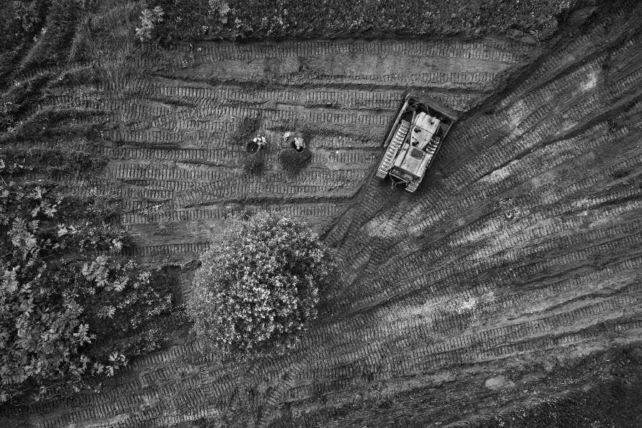 Вид с воздуха. Снятие верхнего слоя почвы бульдозером для облегчения поиска в предположительном месте расположения останков советских солдат, без вести пропавших во время боевых действий.  Калининский фронт