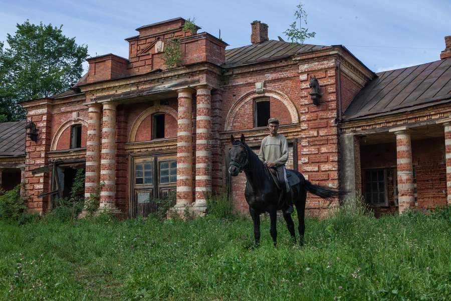 Конюх выгуливает лошадь на фоне строгановских конюшен, их закрыли в 2018 году