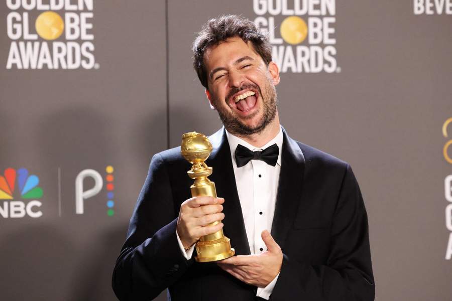 Santiago Mitre poses with his award for Best Non-English Language Film award for "Argentina, 1985 at the 80th Annual Golden Globe Awards in Beverly Hills