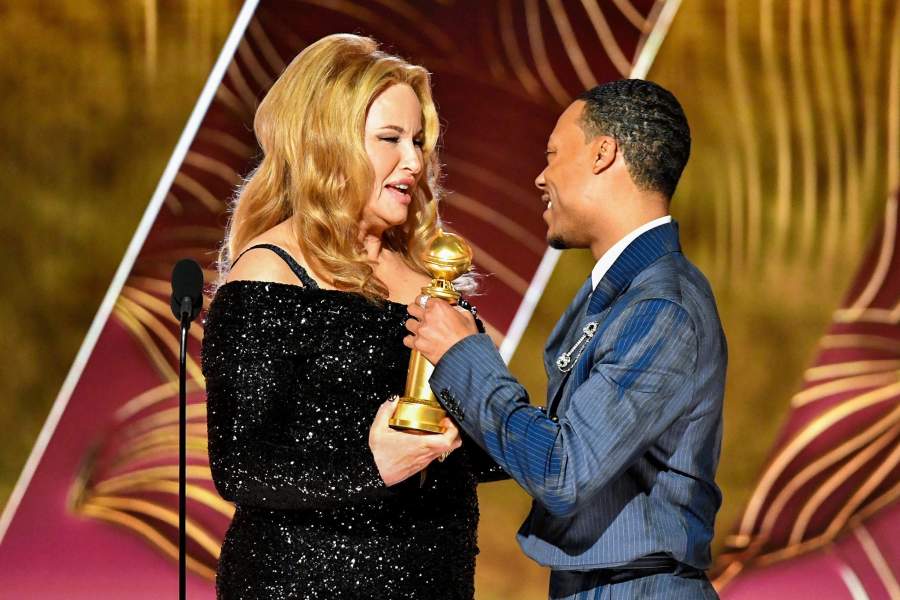 Jennifer Coolidge and Best Supporting Actor in a TV Series, Tyler James Williams, Abbott Elementary are seen on stage at the 80th Annual Golden Globe Awards® at the Beverly Hilton