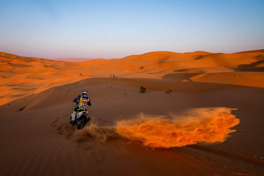 January 12, 2023, Rome, Saudi Arabia: 111 DOCHERTY Michael (zaf), HT Rally Raid Husqvarna Racing, Moto, FIM W2RC, Motul, action during the Stage 11 of the Dakar 2023 between Shaybah and Empty Quarter Marathon, on January 12, 2023 in Empty Quarter Marathon, Saudi Arabia