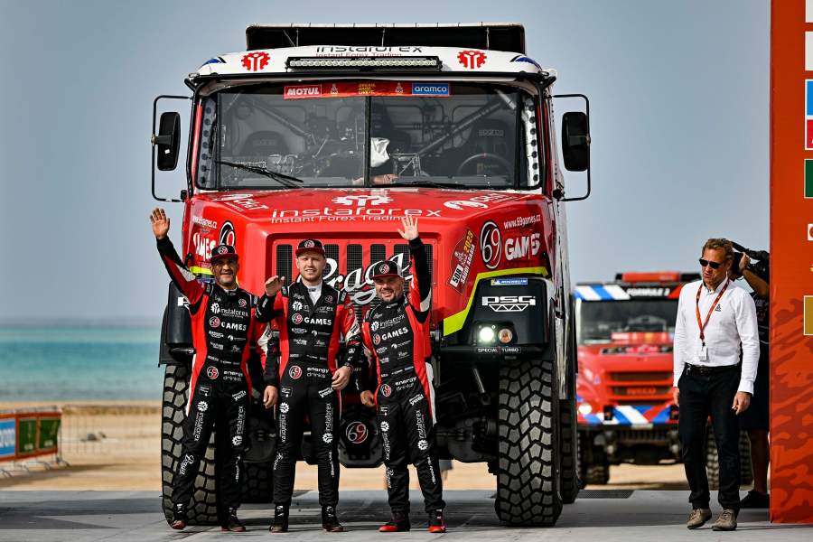 December 31, 2022, Yanbu, Saudi Arabia: 508 LOPRAIS Ales (cze), POKORA Petr (cze), VALTR Jr Jaroslav (cze), Instaforex Loprais Praga, Praga, Trucks, action podium, start of the race, depart, during the Prologue of the Dakar 2023, on December 31, 2022 near Yanbu, Saudi Arabia