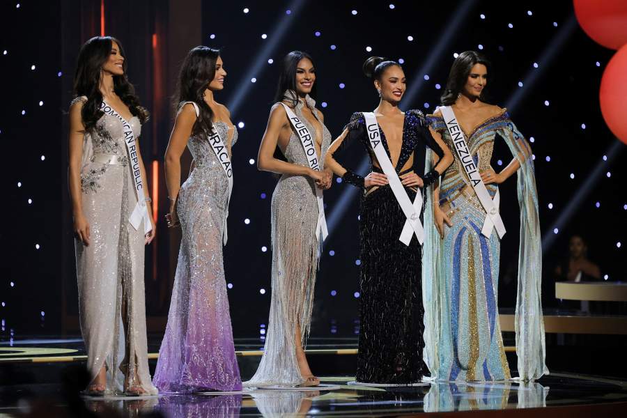 Miss Dominican Republic Andreina Martinez, Miss Curacao Gabriela Dos Santos, Miss Puerto Rico Ashley Carino, Miss U.S. R'Bonney Gabriel and Miss Venezuela Amanda Dudamel, the top five finalists, take part in the 71st Miss Universe pageant
