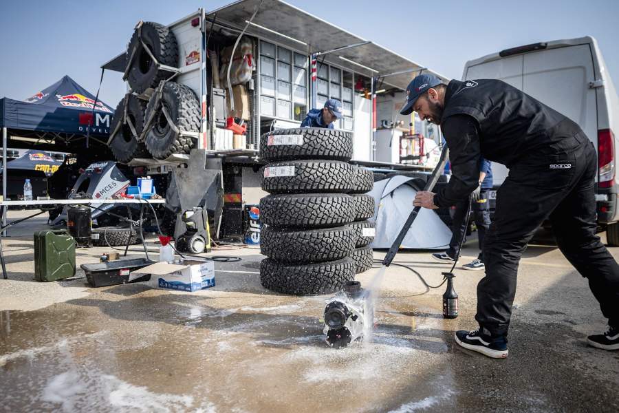 Red Bull Off-Road Junior Team USA presented by BFGoodrich work on the car of Mitch Guthrie Jr during rest day of Rally Dakar 2023 in Riyadh, Saudi Arabia on January 9, 2023