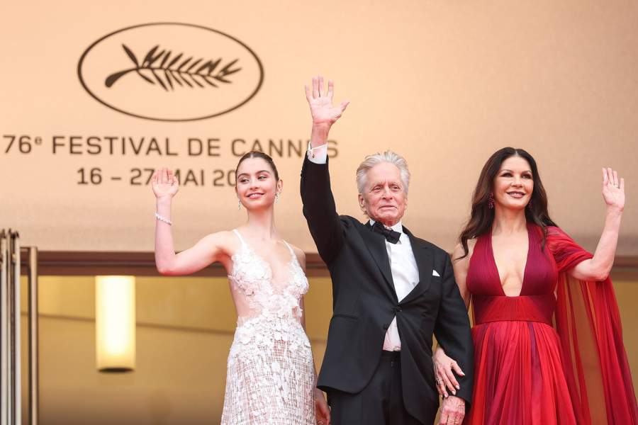 CANNES, FRANCE - MAY 16: (L-R) Carys Zeta Douglas, Michael Douglas and Catherine Zeta-Jones attend the "Jeanne du Barry" Screening & opening ceremony red carpet at the 76th annual Cannes film festival at Palais des Festivals on May 16, 2023 in Cannes, France. (Photo by Vittorio Zunino Celotto/Getty Images)
