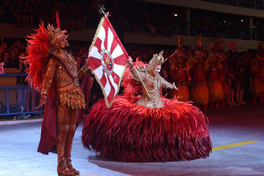 Revellers from Unidos do Viradouro samba school perform at the Sambadrome during Carnival in Rio de Janeiro Brazil