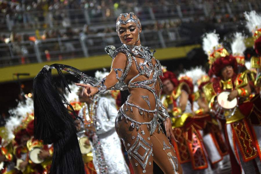 Drum queen Andressa Marinho from Padre Miguel samba school performs at the Sambadrome during Carnival in Rio de Janeiro