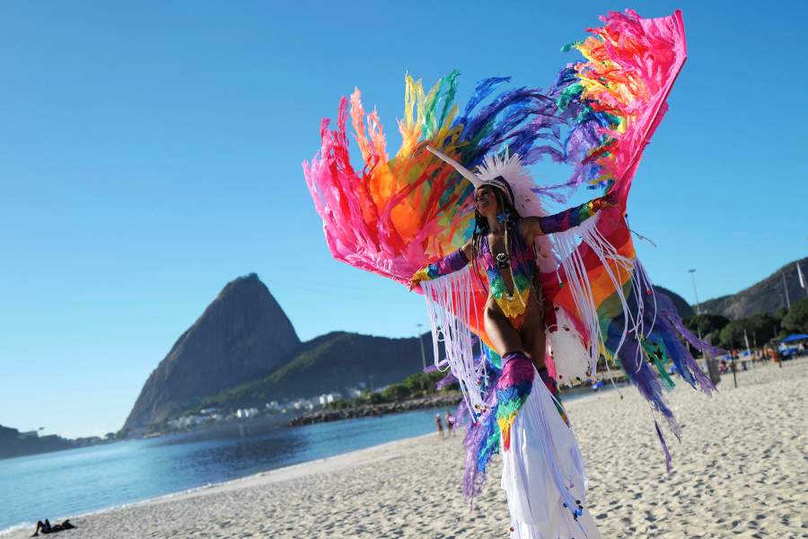 A reveller attends the Amigos da Onca party during Carnival festivities in Rio de Janeiro