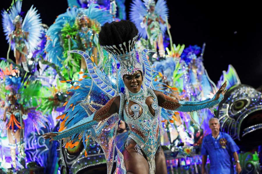 Revellers from Unidos da Tijuca samba school perform at the Sambadrome during Carnival in Rio de Janeiro