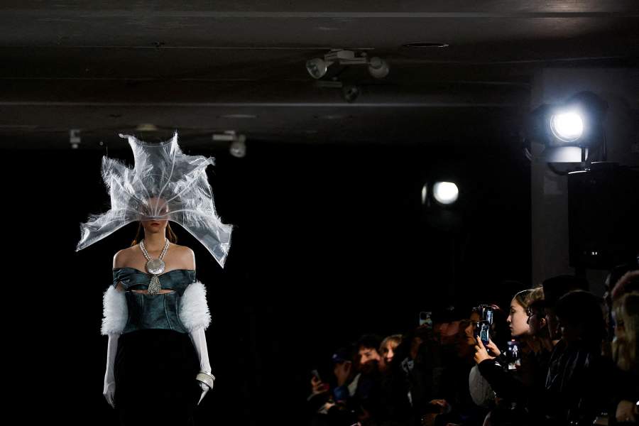 A model presents a creation by designer Victor Weinsanto as part of his Fall/Winter 2025 collection show for fashion brand Weinsanto during Paris Fashion Week in Paris